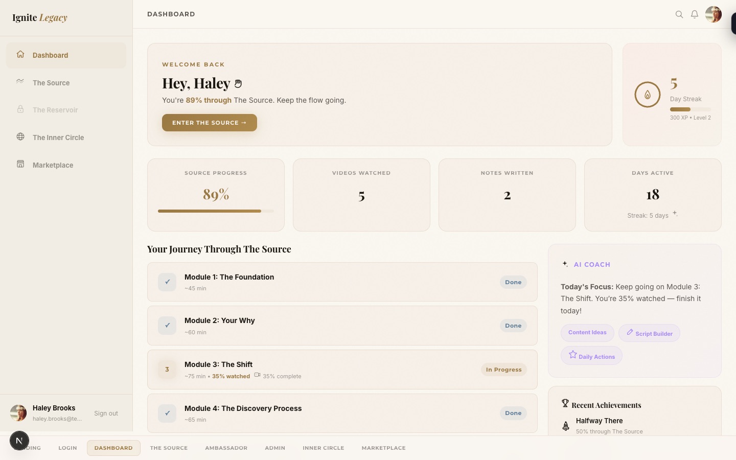Student dashboard with course progress